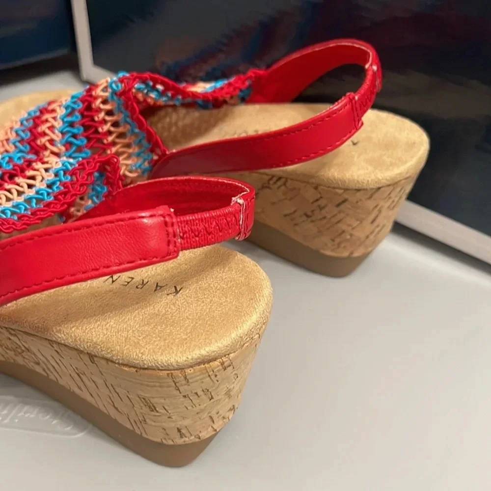 KAREN SCOTT Womens Cushioned Cork Wedge Slip On Slingback Sandal sz 8 red blue - Picture 9 of 13